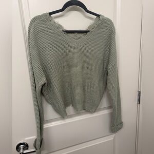 Distressed V-Neck Waffle Knit Sweater - Sage Green